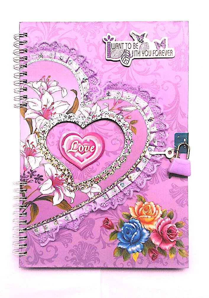 Mompa A4 Size Heart Design Key Lock Diary for Girls, Gift For